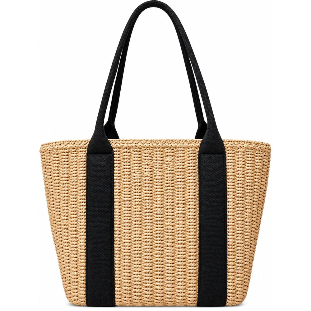 Natural Straw Shoulder Bag Handbag Black Lining w/ Drawstring Tan